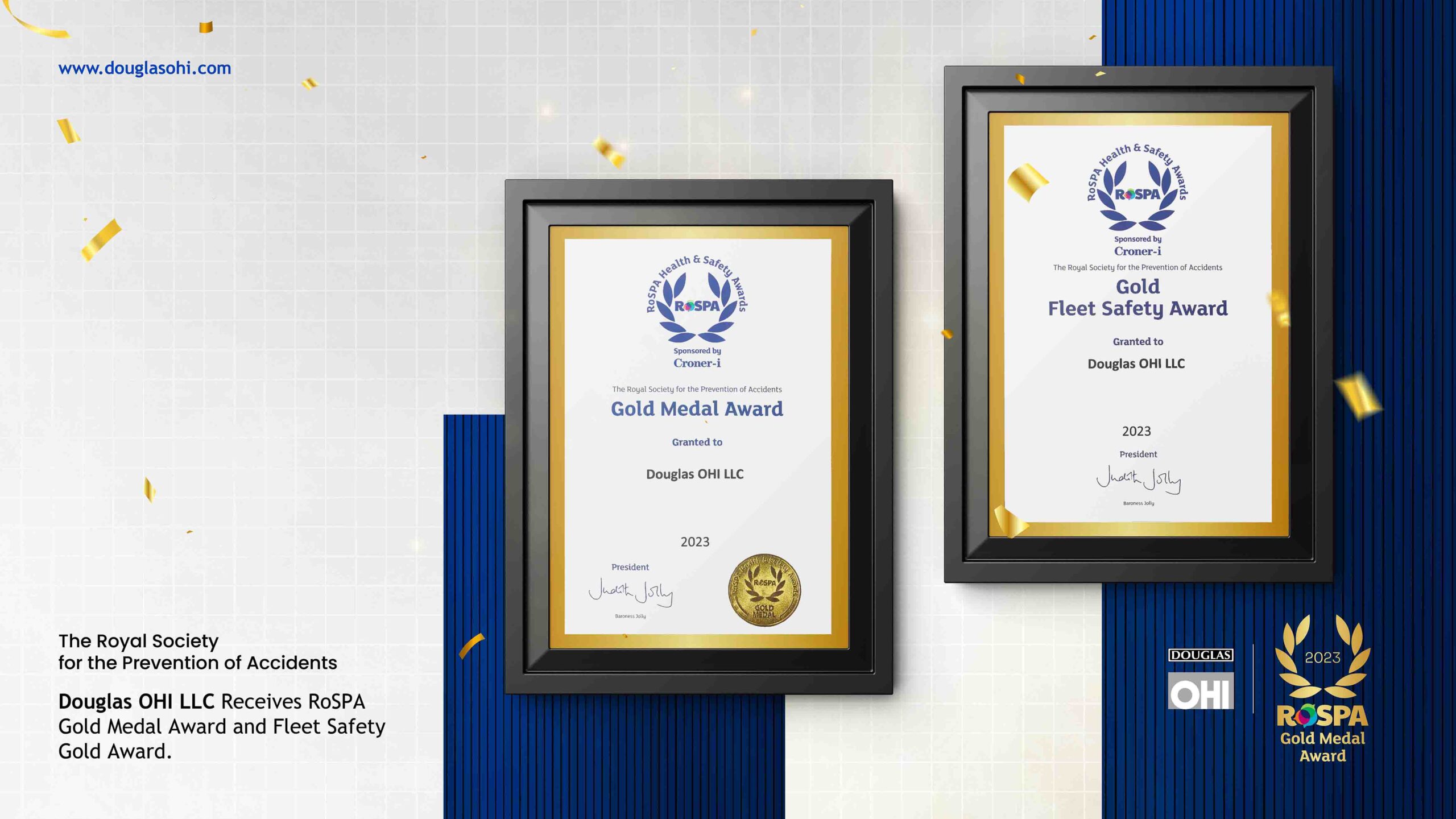 The Royal Society for the Prevention of Accidents (RoSPA) 2023 Gold Medal Award and Fleet Safety Gold Award for Douglas OHI's Health and Safety (HSSE) Practices